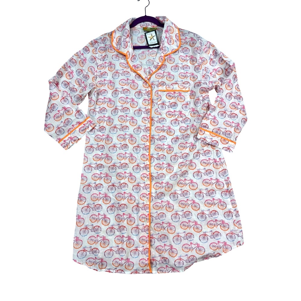 Rock Flower Paper Nightshirt Women XL White NWT Bicycle Print Cotton Long Sleeve